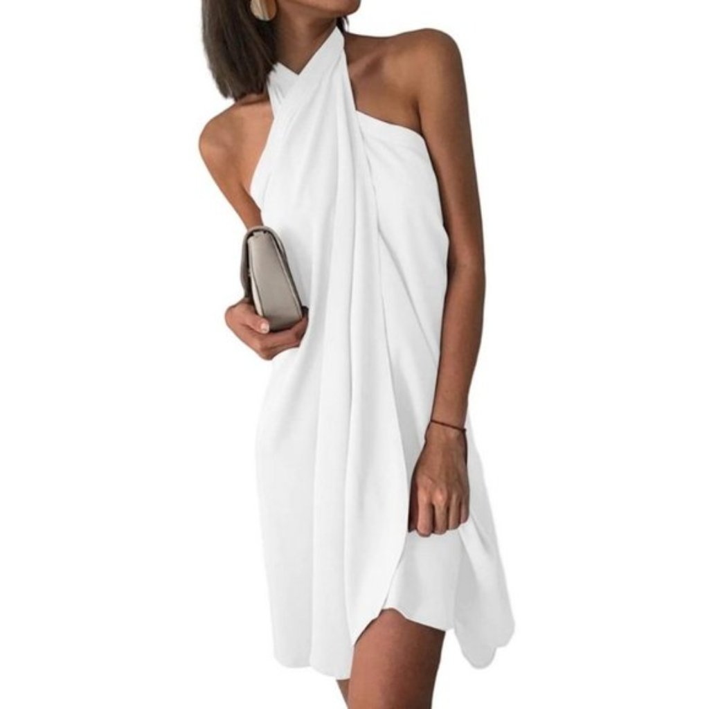 New Halter Dress Summer Casual Backless Solid Loose, White
